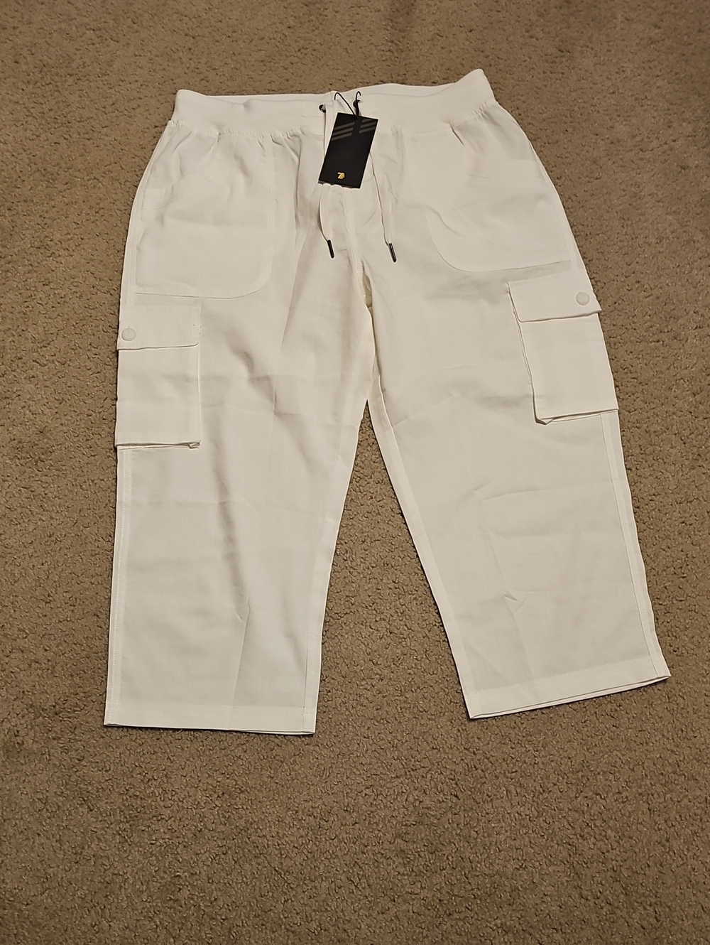 Women's White Straight-Leg Cargo Pants with Drawstring Waist